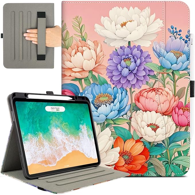 Case for iPad Air 13-inch M4/M3/M2 iPad Pro 12.9 6th/5th/4th/3rd Generation Case with Pencil Holder Multi-Angle Adjustable Stand Shockproof Pocket/Hand Strap/Auto Wake Sleep Sunflowers Butterfly