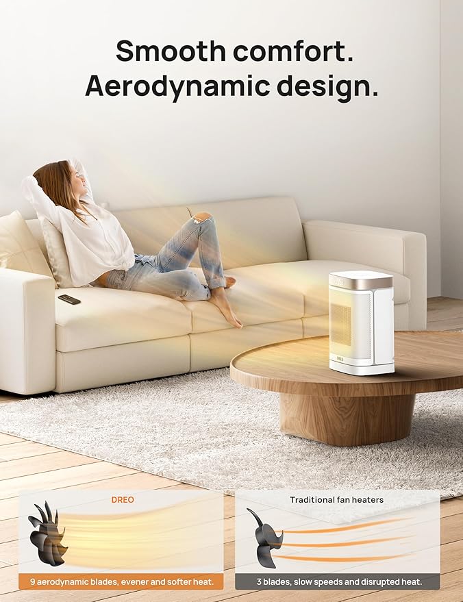 DREO Space Heater for Bathroom and Indoor, Portable Heater, 1500W Safe and Quiet PTC Ceramic Heater, 41-95°F Digital Thermostat, 70°Oscillating, Remote, ALCI Safety Plug, 12h Timer, 5 Modes, White