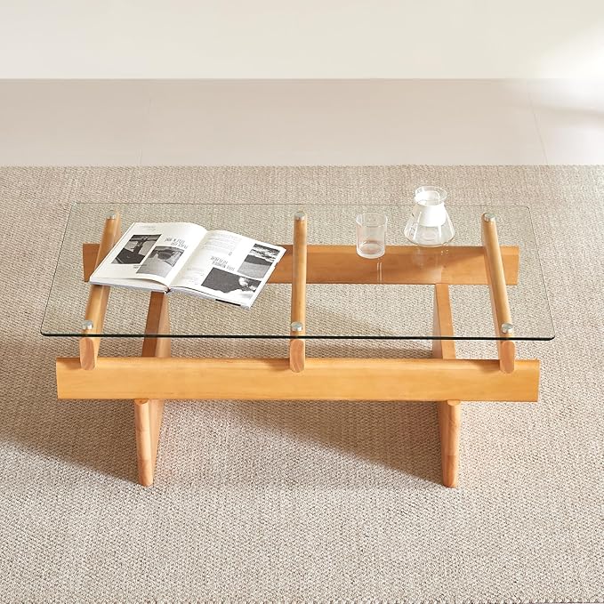 IWOOD Glass Coffee Table for Living Room,100% Solid Wood Coffee Table with Rectangular Tempered Glass Top,Mid Century Modern Coffee Table,Wood