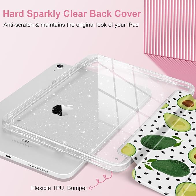 MEEgoodo Case for iPad A16 11th Generation 2025/10th Generation 2022 Glitter Tablet Cases with Transparent Acrylic Back+Trifold Stand +Pencil Holder+Auto Wake/SleepAbstract Sun &amp Palm Tree