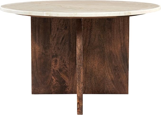 TUP THE URBAN PORT Kali Coffee Table | 27" Natural Round Marble Tabletop | Dark Brown Mango Wood Sculptural Base