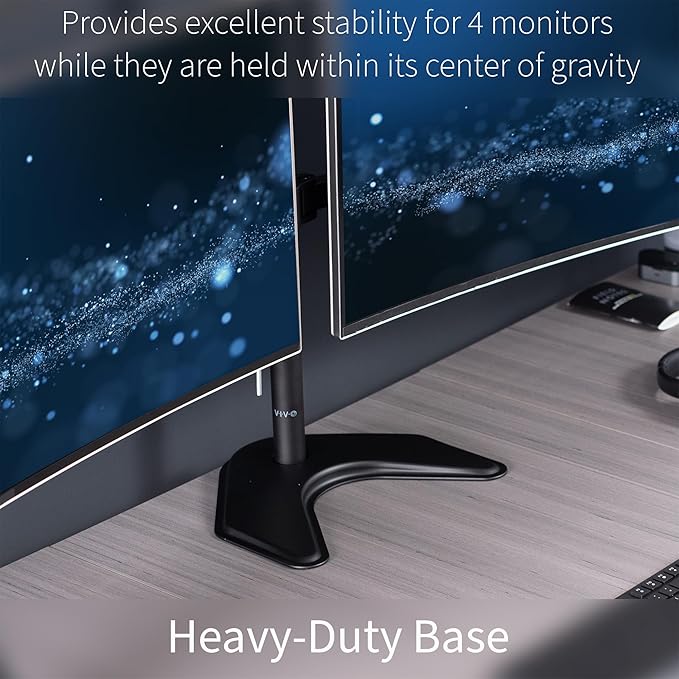 VIVO Premium Quad Ultra Wide LCD LED 27 to 38 inch Monitor Desk Stand, Free-Standing Base, Extra Tall Pole, Adjustable Telescoping Arms, Flush Wall Setup, Fits 4 Screens, Black, STAND-TS38B-4