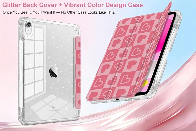 MEEgoodo Case for iPad A16 11th Generation 2025/10th Generation 2022 Glitter Tablet Cases with Transparent Acrylic Back+Trifold Stand +Pencil Holder+Auto Wake/SleepAbstract Sun &amp Palm Tree