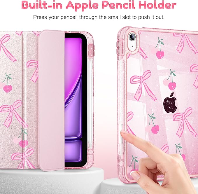 for iPad Air 11 inch M4/M3/M2 (2026/2025/2024) iPad Air 5th/4th Gen (2022/2020) 10.9 inch with Pencil Holder Glitter Clear Pretevtive Cover Auto Wake/Sleep Black Cartoon Stickers
