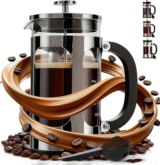 BAYKA French Press Coffee Maker, Easy to use,Large 304 Stainless Steel Coffee Press, Cold Brew Heat Resistant Thickened Borosilicate Coffee Pot for Camping Travel Gifts, 34 Ounce, Dark Pewter