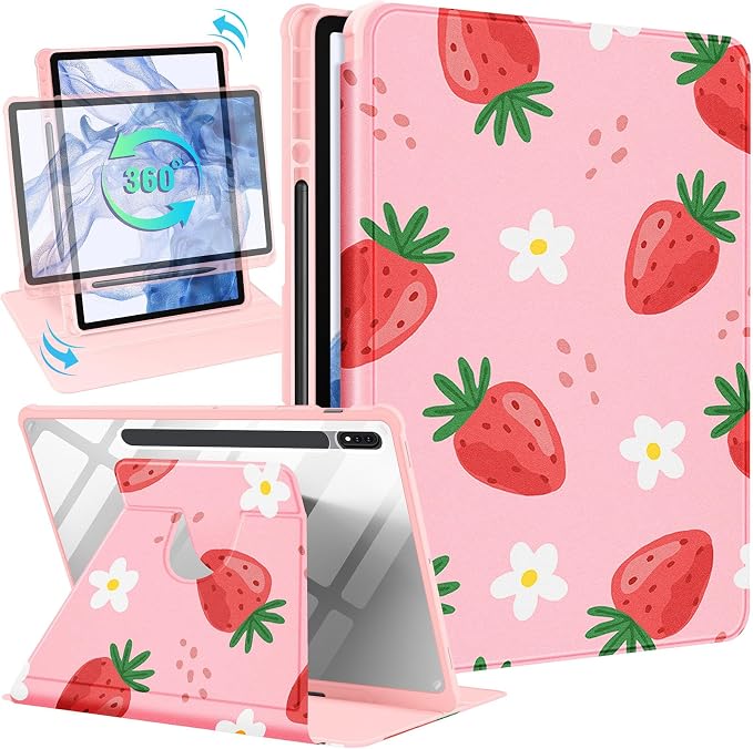 Wazzasoft for Samsung Galaxy Tab S7/S7 Plus/S8 Plus Case - 12.4 Inch Folio Cover with Pencil Holder - Women/Girl Cute Girly Black Flower Unique Design - Rotating Tablet Case