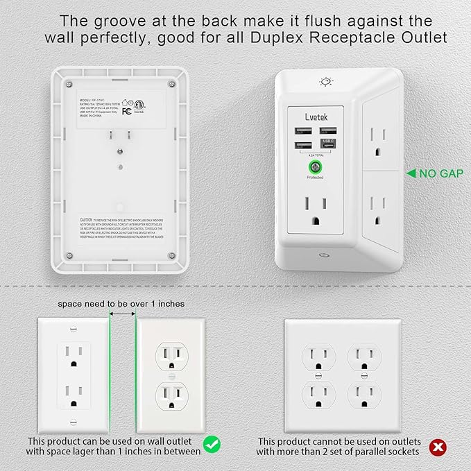 Multi Plug Outlet Surge Protector - Lvetek 3-Sided Power Strip with 5 Outlet Extender and 4 USB Ports(1 USB-C) and Night Light, USB Wall Charger for Home, Office, Travel, ETL Listed, White