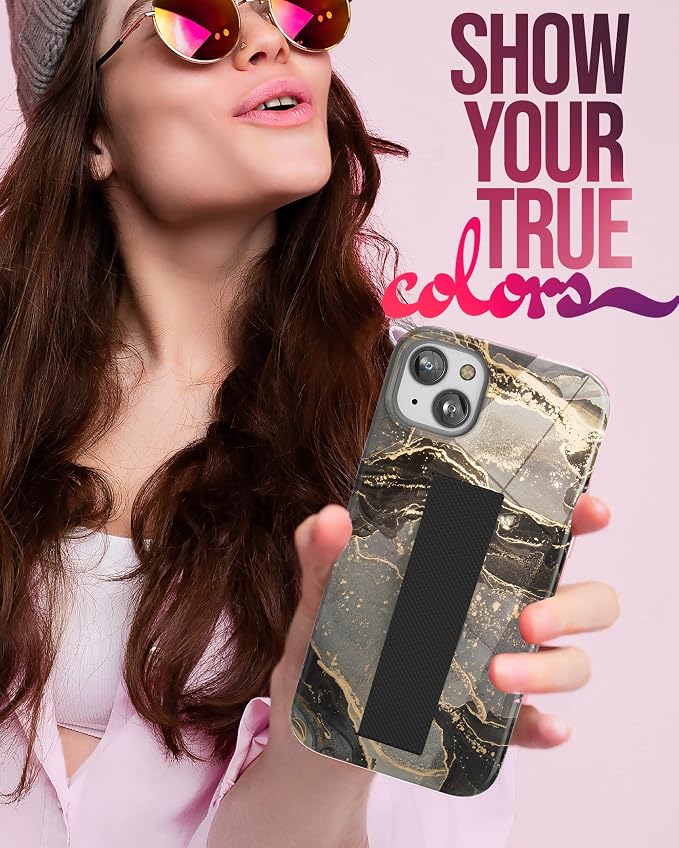 ENCASED Finger Loop Case Designed for iPhone 14 Plus Case with Hand Strap Phone Holder and Screen Protector (Black/Gold Marble)
