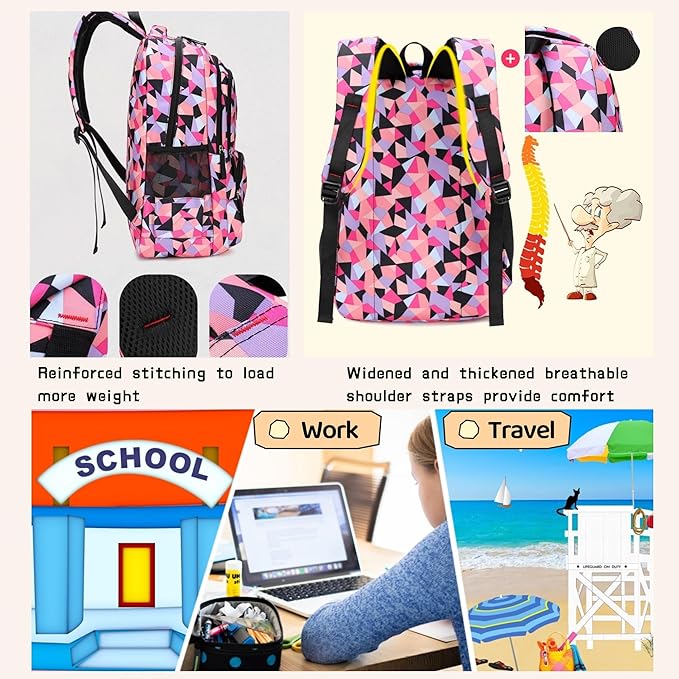 3Pcs Geometric Print School Backpack and Lunchbox Set for Girls, School Bag Girls Backpack for School Elementary Bookbags