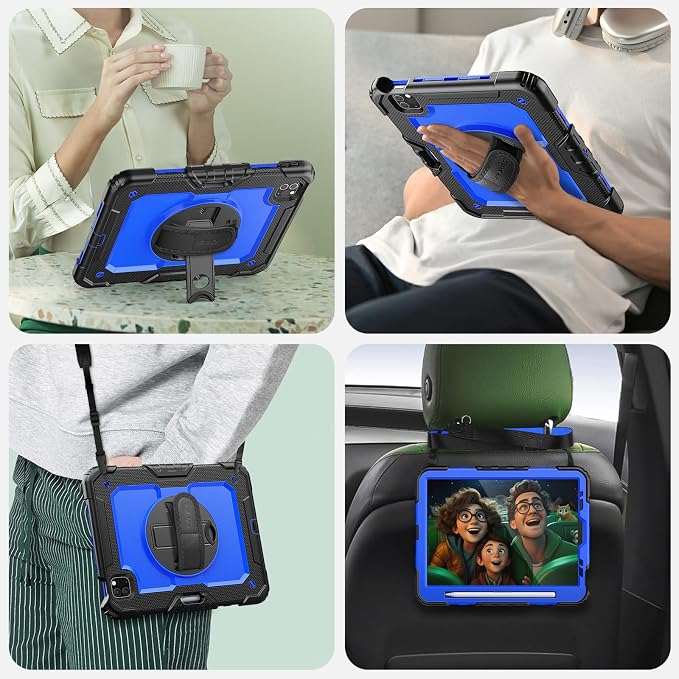 SEYMAC Case for iPad Pro 11 4th/3rd/2nd/1st Gen 2022-2018 Black | Full-Body Shockproof Protective Built-in Screen Protector 360° Rotating Stand Hand/Shoulder Strap Pencil holder