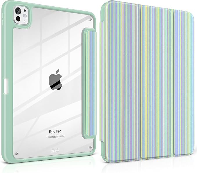 Case for iPad Pro 11 inch M5 2025 /M4 2024 Blue Ribbon Stripe | Blue Ribbon Stripe Folio Case with Clear Back Pencil Holder Trifold Stand and Auto Sleep/Wake for Preppy Aesthetic Users