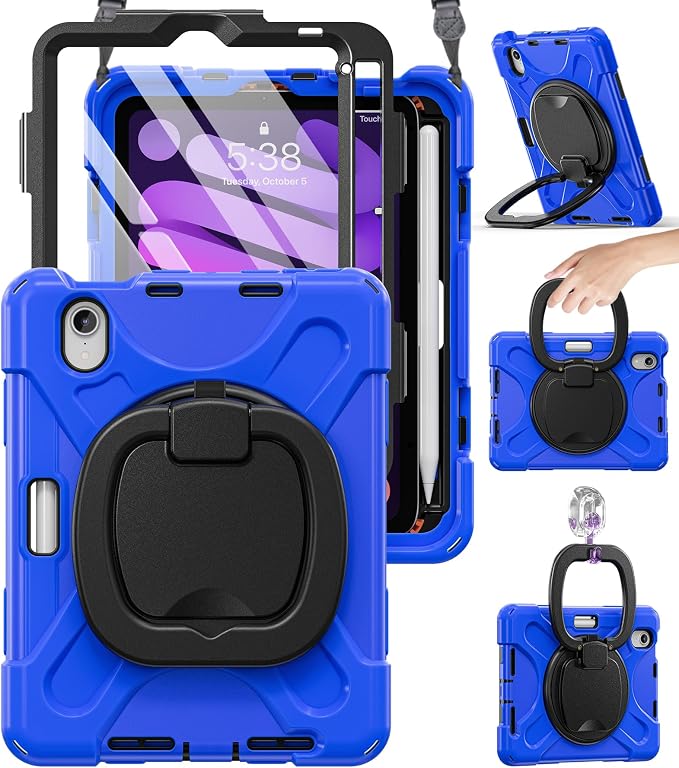BRAECN Case for iPad mini 7 (A17 Pro) - iPad mini 7th/6th Generation Case | 8.3 Kids-Proof Protective Silicone Cover Screen Protector Pencil Holder Kickstand Handle Grip Shoulder Strap Black