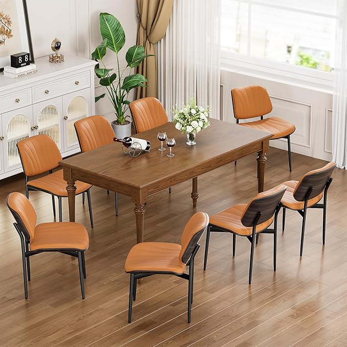 Dining Chairs Set of 4, Mid Century Modern Dining Room and Kitchen Chairs, Upholstered PU Leather Chairs with Walnut Bentwood and Metal Legs, Orange