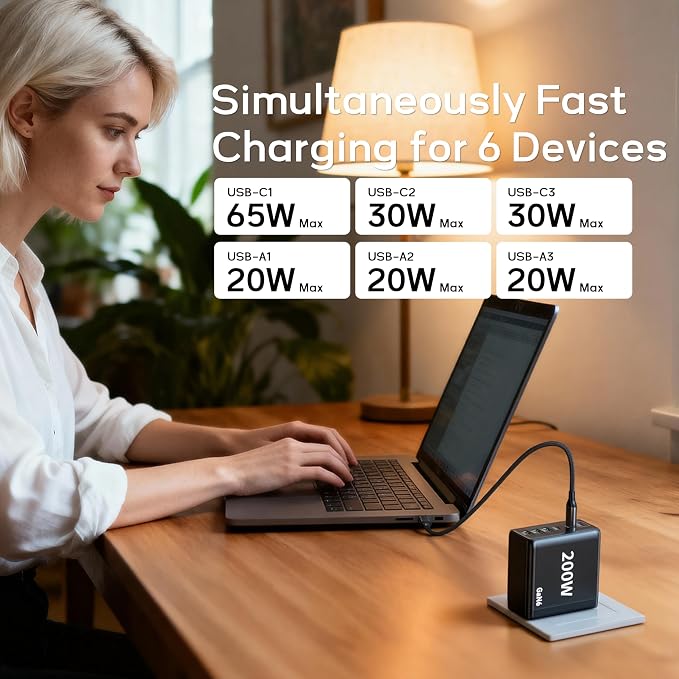 2 Pack USB C Charger Block 200W GaN Super Fast Charger Type C Fast Charging 6 Port Foldable PD Charging Station for All Phone/Android Samsung Galaxy S25/S24/MacBook iPad