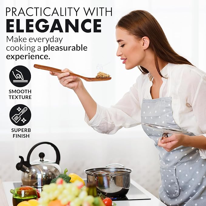 Zulay Kitchen Extra-Large 6-Piece Wooden Spoon Set - Smooth Teak Cooking Utensils - Comfort-Grip Non-Stick Turner, Spatula, Skimmer, Fork, Serving Spoon
