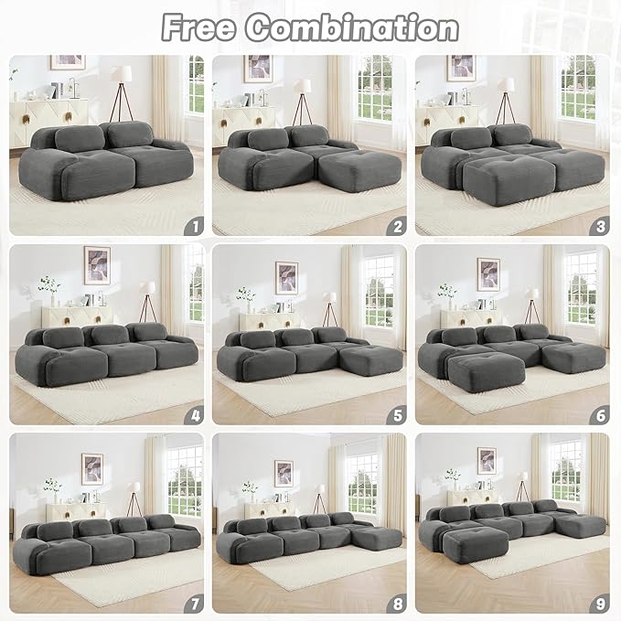 80" Modern Compressed Boneless Love Seat Couches with 2 Ottomans, 2 Seater Large Sectional Couches for Living Room, Gray Corduroy Cloud Modular Sectional Sofa, Memory Foam, Deep Loveseat, No Assembly