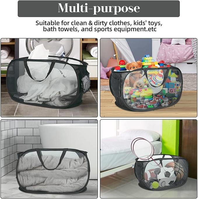 Durable Collapsible Laundry Baskets, Mesh Pop Up Laundry Hamper with Side Pocket, Foldable Clothes Storage Hamper with Reinforced Carry Handles for Laundry, Bathroom, Kids Room, Dorm or Travel Black