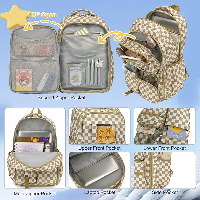 Girls School Backpack Set - Teens Kids School Bag Bookbag with Lunch Box Pencil Case for Elementary Middle School (Checkered Khaki)