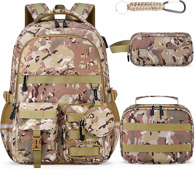 School Backpack for Boys - 5pcs Camo Boys Backpack with Lunch Box Set for Kids Teens Elementary Middle High School,18″ Large Capacity Students Bookbag