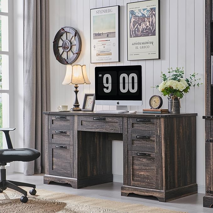 RedLemon 60" Executive Desk, Farmhouse Home Office Desk with Drawers, Charging Station, Keyboard Tray, File Drawer, Storage Cabinet, Wood Rustic Computer Writing Desk (Dark Rustic Oak)