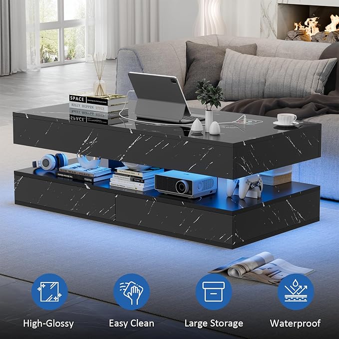 LED Coffee Table, 47.2" Coffee Tables with Storage Drawers, Smart Living Room Table with Wireless Charging & Bluetooth Speaker,Modern Center Tables for Living Room, Black Marble