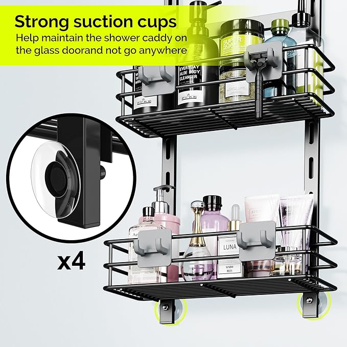 Orimade Over The Door Shower Caddy Adjustable 3 Tier Black,Bathroom Hanging Organizer Shelf Rustproof with 4 Hooks,Shower Basket with Soap Holder and Suction Cup