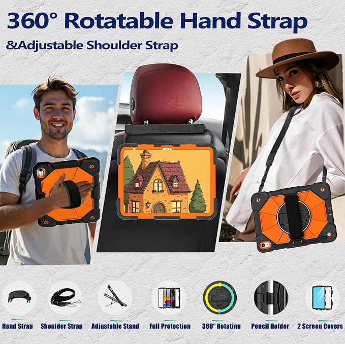Weuiean Case for iPad A16 11th/10th Generation 11/10.9 Military-Grade Heavy-Duty Shockproof Cover with 360° Rotating Stand Built-in Pencil Holder &amp Adjustable Hand/Shoulder Strap - Black