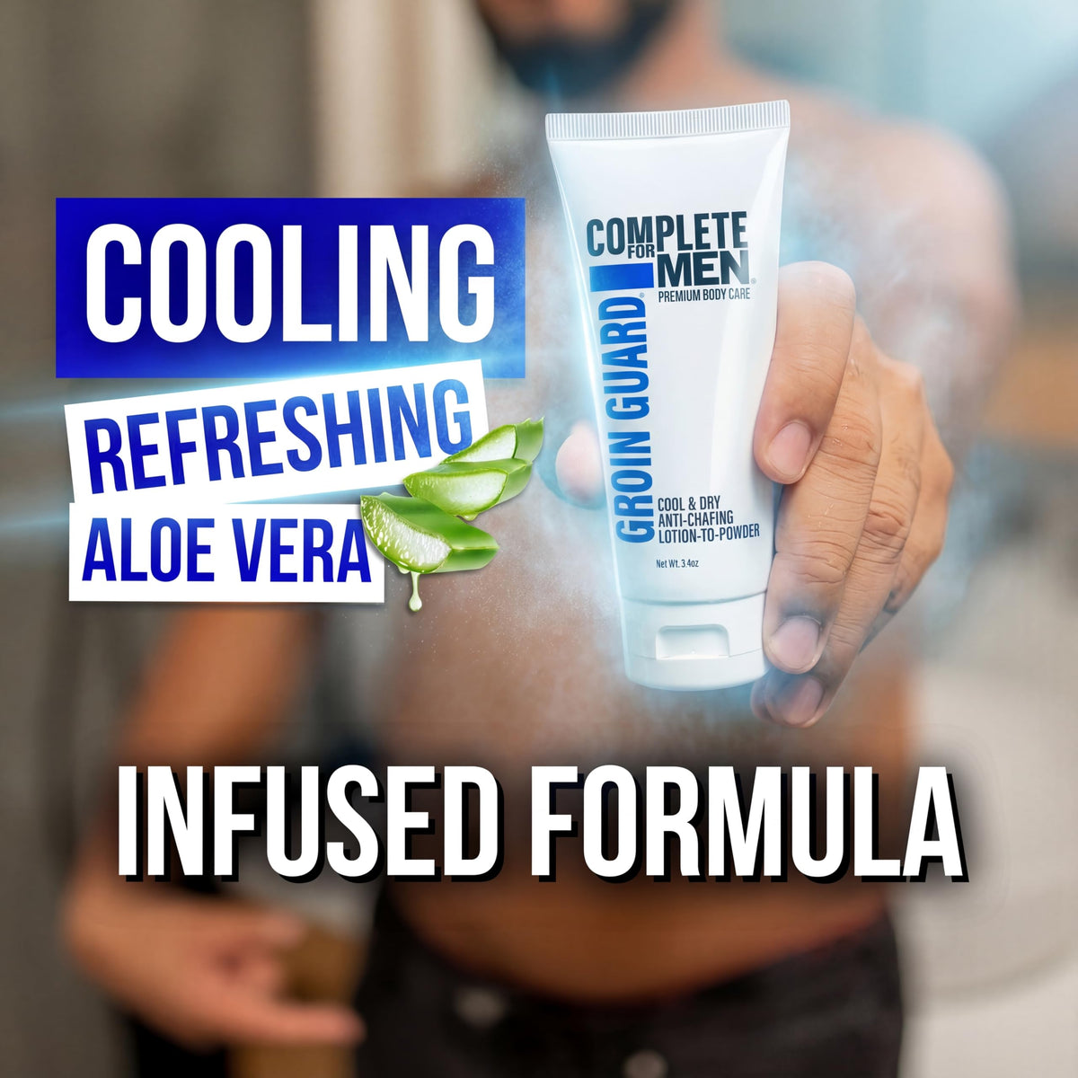 COMPLETE FOR MEN Groin Guard Anti-Chafing Cream Lotion to Powder, Stops Chafing, Sweat Defense, Odor Control, Fresh Scent, Ball & Thigh Protection