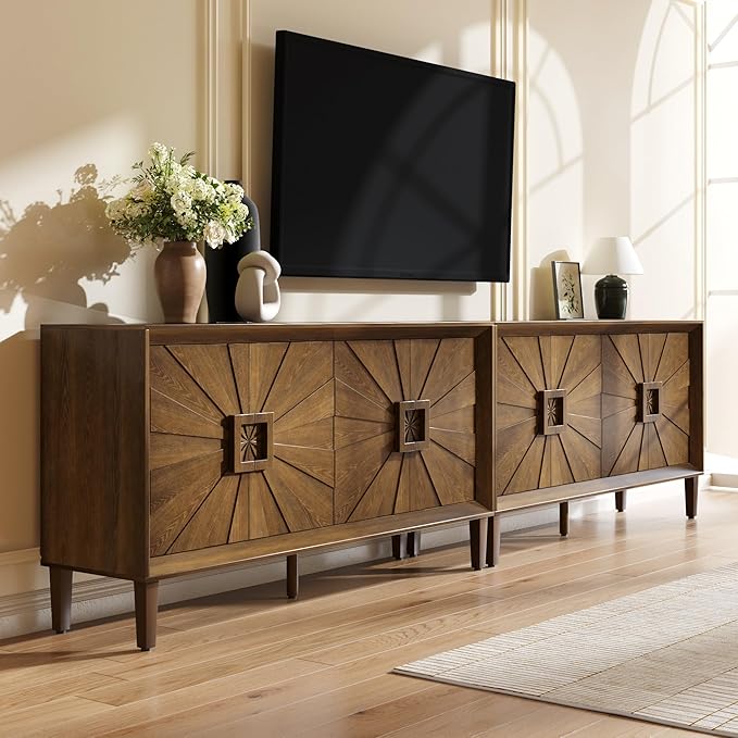 60'' Rustic Large Sideboard with 4 Doors and Adjustable Shelves, Heavy-Duty Antique Wood Entryway Console Table TV Stand for Living Room Dining Room (Antique Brown-10.2)