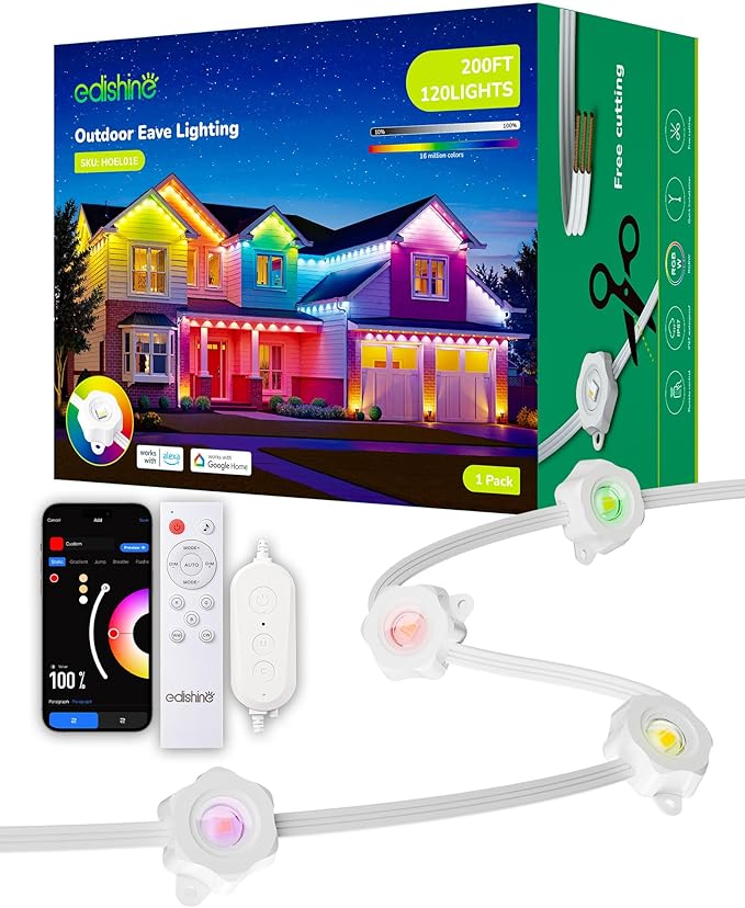 EDISHINE 200FT Cuttable Permanent Outdoor Christmas Lights PRO, 120 LED Smart RGB+IC+Warm White Eave Light, 111+ Scene Mode, App/Remote, IP67 Waterproof for House Year-Round Decor, Alexa Google Enable