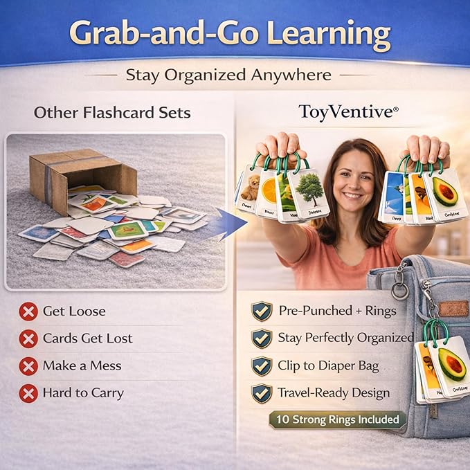 500 Words Thick & Sturdy Learning Flash Cards for Toddlers 1-3 with Rings - 1 Year Old Girl Gifts - Educational & Montessori Toys for 1 Year Old boy - Toddler Flashcards for Preschool & Kindergarten