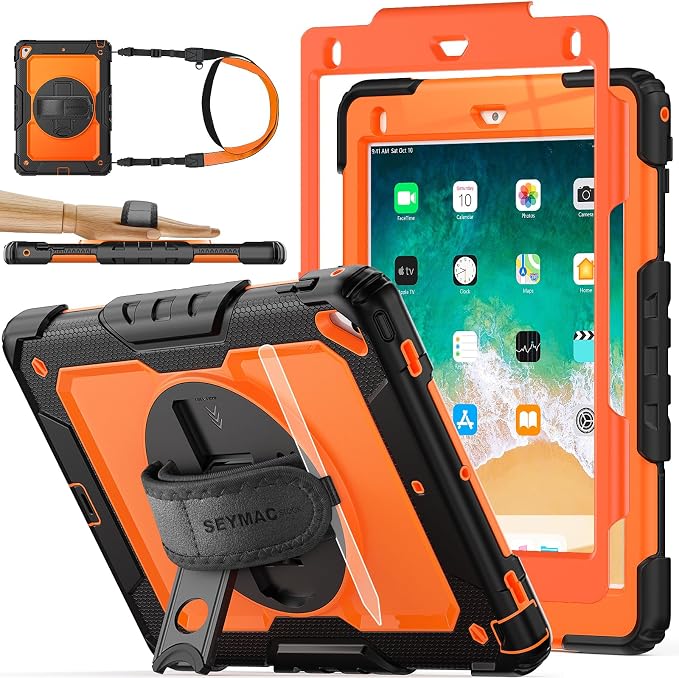 SEYMAC stock Case for iPad 6th / 5th Generation Case/Air 2 / Pro 9.7 inch Heavy Duty Protective with Screen Protector with Pencil Holder Hand Strap Shoulder Strap 360 Rotate Stand Black