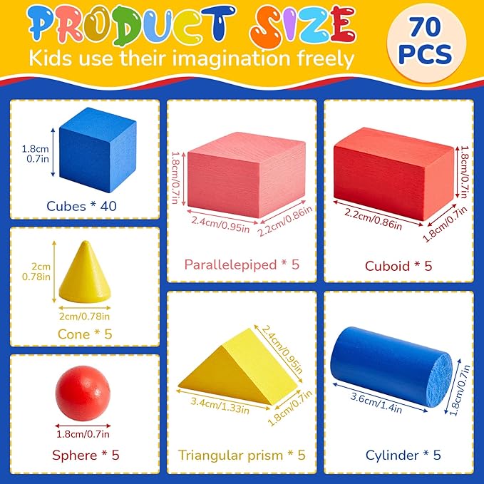 Deekin 70 Pcs Wood Geometric Solid Mini 3D Shapes Wooden Block Bulk for Teaching Classroom Manipulatives Elementary Shape Block for Toddler Kid Geometry Math Kindergarten Preschool Learning (Geometry)