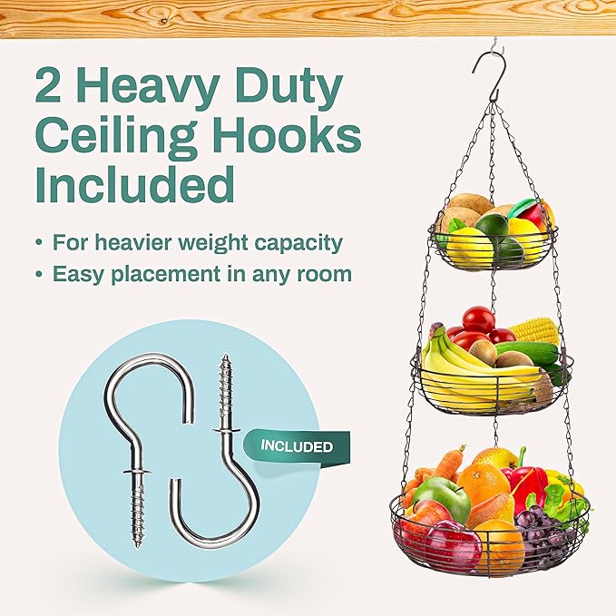 Home Intuition 3-Tier Hanging Fruit Produce Basket Heavy Duty Wire with 2 Metal Ceiling Hooks, Round, Bronze