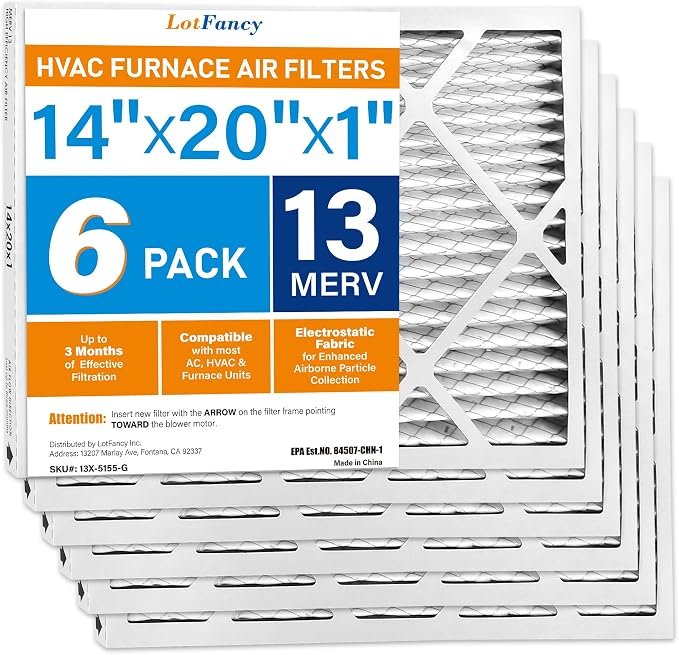 LotFancy 14x20x1 Air Filter MERV 13 6-Pack, Electrostatic Pleated HVAC Furnace