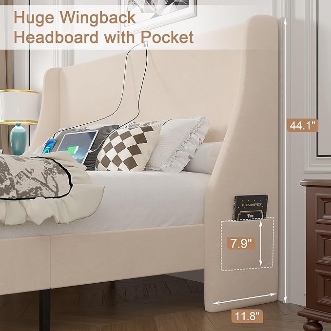 VECELO Queen Bed Frame with Upholstered Wingback Headboard, Heavy-Duty Platform Bedframe with Charging Station, Wooden Slats, No Box Spring Needed, Beige
