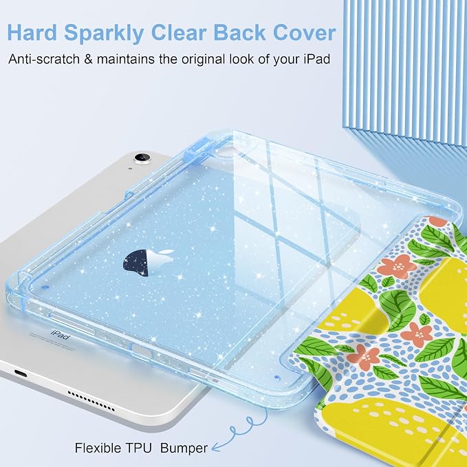 MEEgoodo Case for iPad A16 11th Generation 2025/10th Generation 2022 Glitter Tablet Cases with Transparent Acrylic Back+Trifold Stand +Pencil Holder+Auto Wake/SleepAbstract Sun &amp Palm Tree