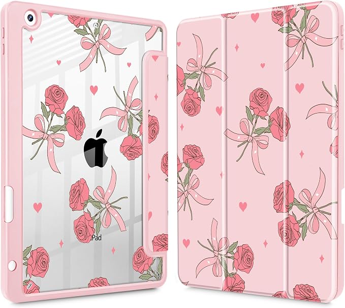 Case for iPad 9th/8th/7th Generation 10.2-Inch (2021/2020/2019 Release) with [Built-in Pencil Holder] Shockproof Cover with Clear Transparent Back Shell &amp Auto Wake/Sleep - Blue Bows