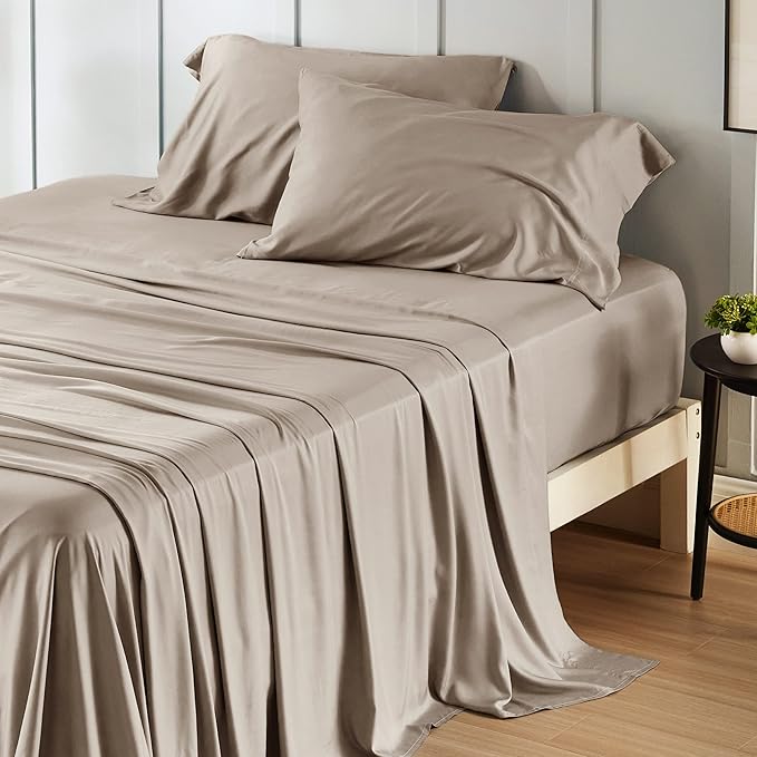 Bedsure Full Size Bed Sheets, Cooling Sheets, Rayon Derived from Bamboo, Breathable & Soft, Deep Pocket Up to 16 Inches, Hotel Luxury Silky Bedding for Hot Sleepers, Simply Taupe
