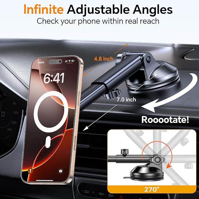 Coolpow for MagSafe Car Mount【Windshield+Vent+Dash】Magnetic Phone Holder for Car Phone Holder Mount Cell Phone Holders for Your Car Accessories Suction Cup Mount for Garmin GPS Fit iPhone 16 15 14 13