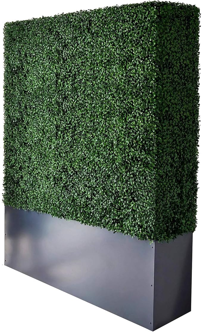 AGPL Artificial Boxwood Hedge Wall with Dark Gray Stainless Steel Planter Box Privacy Wall Backdrops, Outdoor Privacy Fence for Patio,Balcony,Restaurant,Garden,Party Décor (64" H 48" W 12" D)