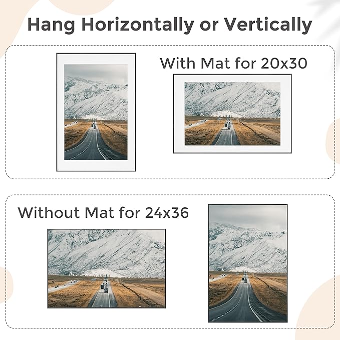 24x36 Metal Picture Frame For Wall With Mat For 20x30, 24''x36'' Aluminum Photo Frames With Tempered Glass For Home Decor, Minimalist Modern Poster Frame Horizontally Vertically Set of 2, Black