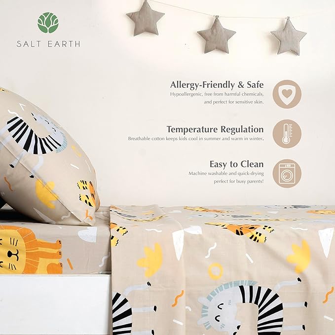 Salt Earth 100% Cotton 210TC Kids Bedsheet, Twin Sheets Set for Toddler Bed, 3 Piece Bedding Set Including Flat Sheet, Fitted Sheet, and Pillowcase, Themed Sheets for a Playful Kids Bed (Summerland)