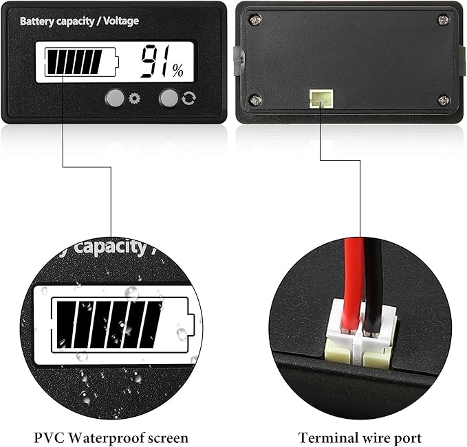 Frienda 2 Pieces Dc 12v 24v 36v 48v 60v 72v 84v Golf Cart Battery Meter with Alarm, Front Setting and Switch Key Battery Capacity Voltage Indicator Gauge Acid and Lithium Ion Indicator(White)