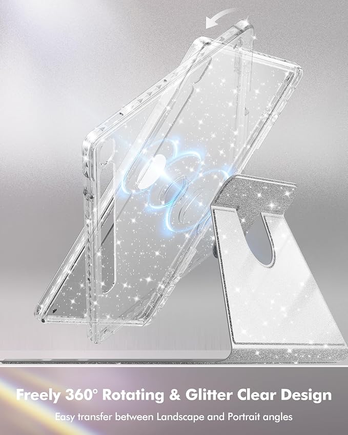 INFILAND Rotating Case for Samsung Galaxy Tab S10 FE/ S9 FE 5G 10.9 Inch/Tab S9 11 Inch 360 Cute Glitter Cover with Clear Back S Pen Holder for Girls Kids Woman (Black)