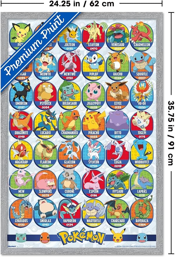 Pokémon: All-Time Favorites - Grid Wall Poster, 34L" x 22.4W", Gray Framed Version