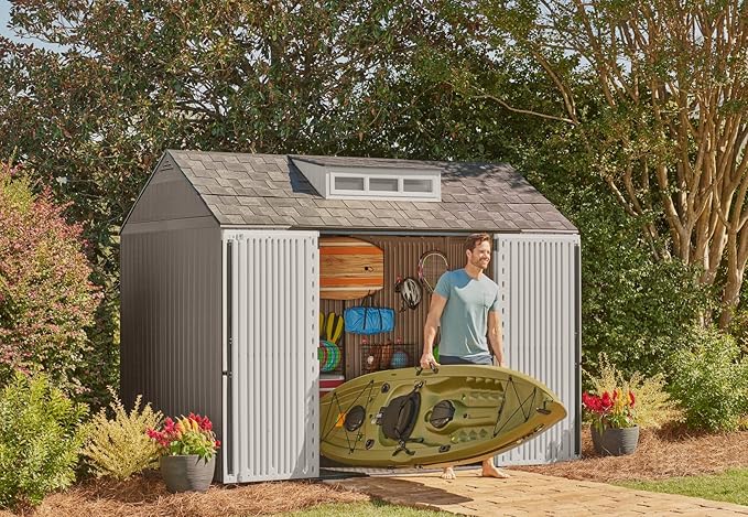 Rubbermaid Extra Large Resin Outdoor Storage Shed With Floor (7 x 10.5 Ft.) Weather Resistant Brown Organization for Home/Lawn Mower/Backyard Equipment/Bike Storage/Pool Supplies