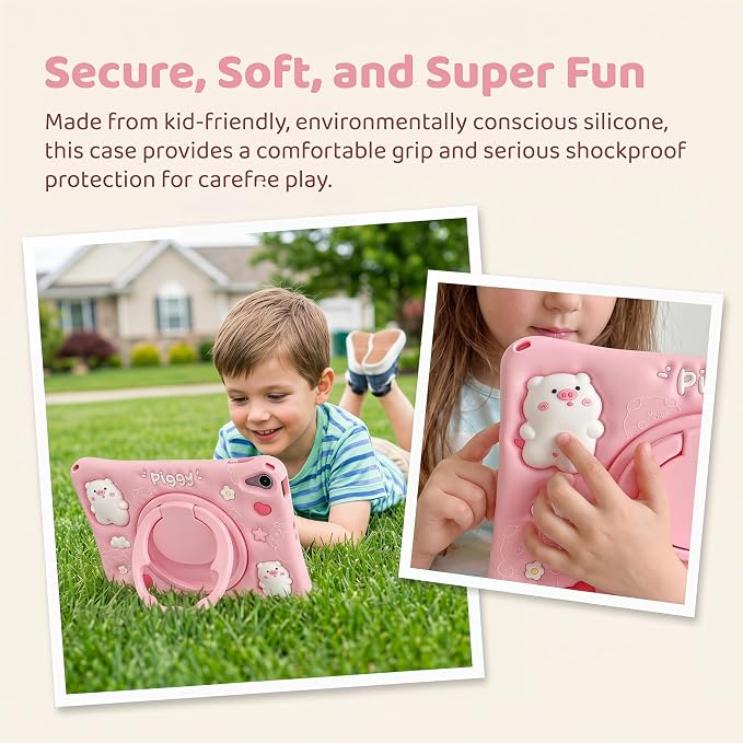 Case for iPad A16 11th / 10th Gen 10.9-Inch 3D Pig Cartoon | Cute Kawaii Cover with 360° Rotating Kickstand &amp Shoulder Strap Soft Silicone Shockproof Protective Case Pink