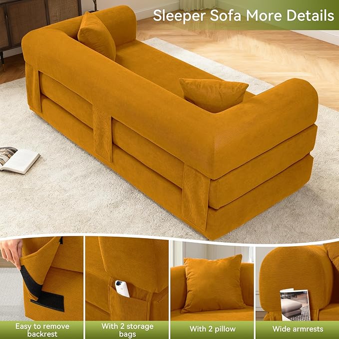 Convertible Futon Sofa Bed,80" Folding Pull Out Couch with Pillows & Storage Pocket, Oversized Queen Sleeper Sofa in a Box,Corduroy Boneless Couch for Living Room,Yellow