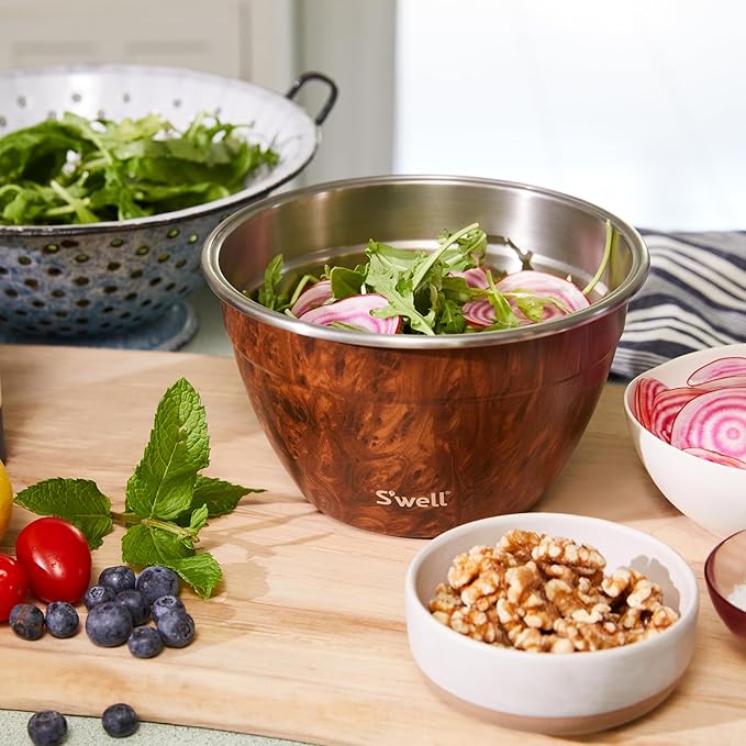 S’well Stainless Steel 64oz Salad Bowl Kit, Teakwood Finish, Includes 2oz Condiment Container and Removable Tray, Leak-Proof and Easy to Clean, Dishwasher Safe